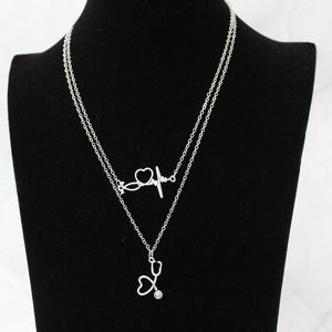 New Fashion Silver Tone Necklace with Stethoscope, Heartbeat and Heart N105